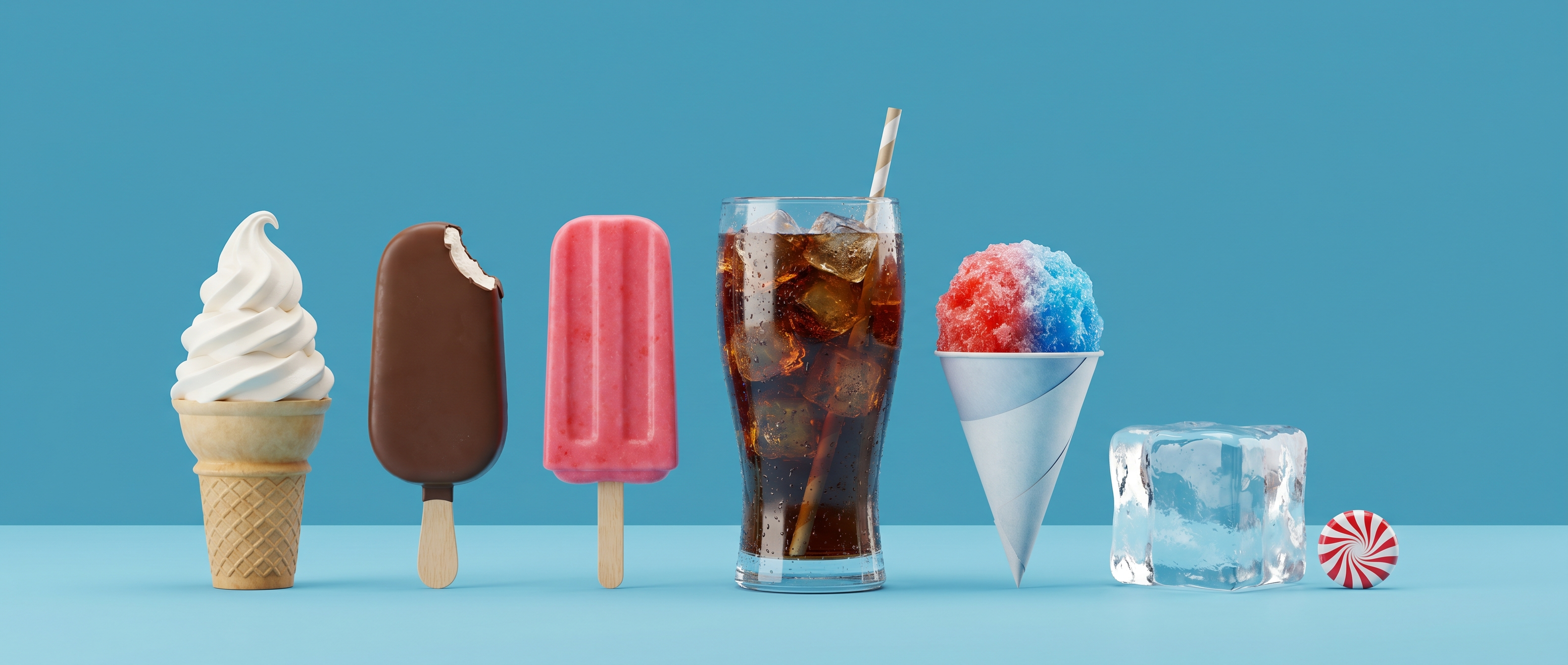Ice cream, popsicles, iced cola and ice cubes on a mid-blue background