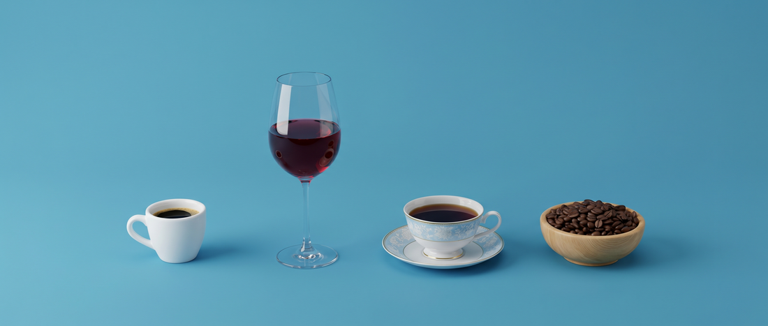 Coffee, red wine, black tea and coffee beans on a mid-blue background