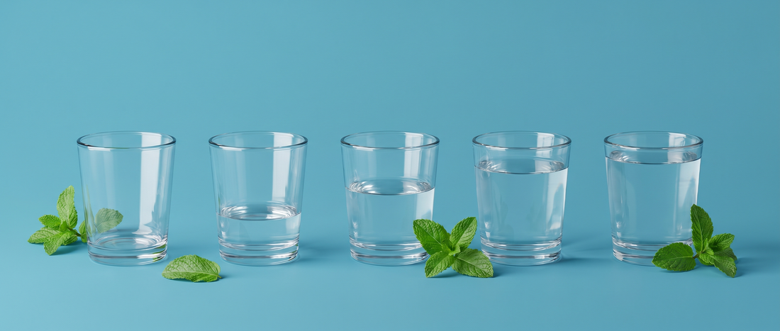 Five glass tumblers of clear mouthwash at different fill levels with peppermint leaves on a mid-blue background