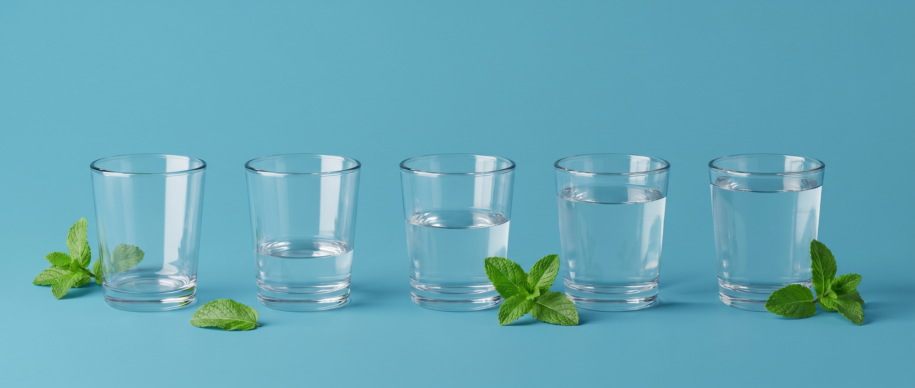 Five glass tumblers of clear mouthwash at different fill levels with peppermint leaves on a mid-blue background
