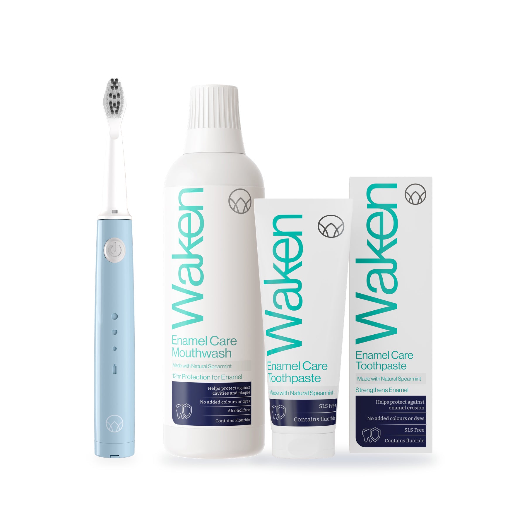 Waken Enamel Care Starter Kit contents: Sonic Toothbrush in mint blue, Enamel Care Mouthwash 500ml and Enamel Care Toothpaste 75ml