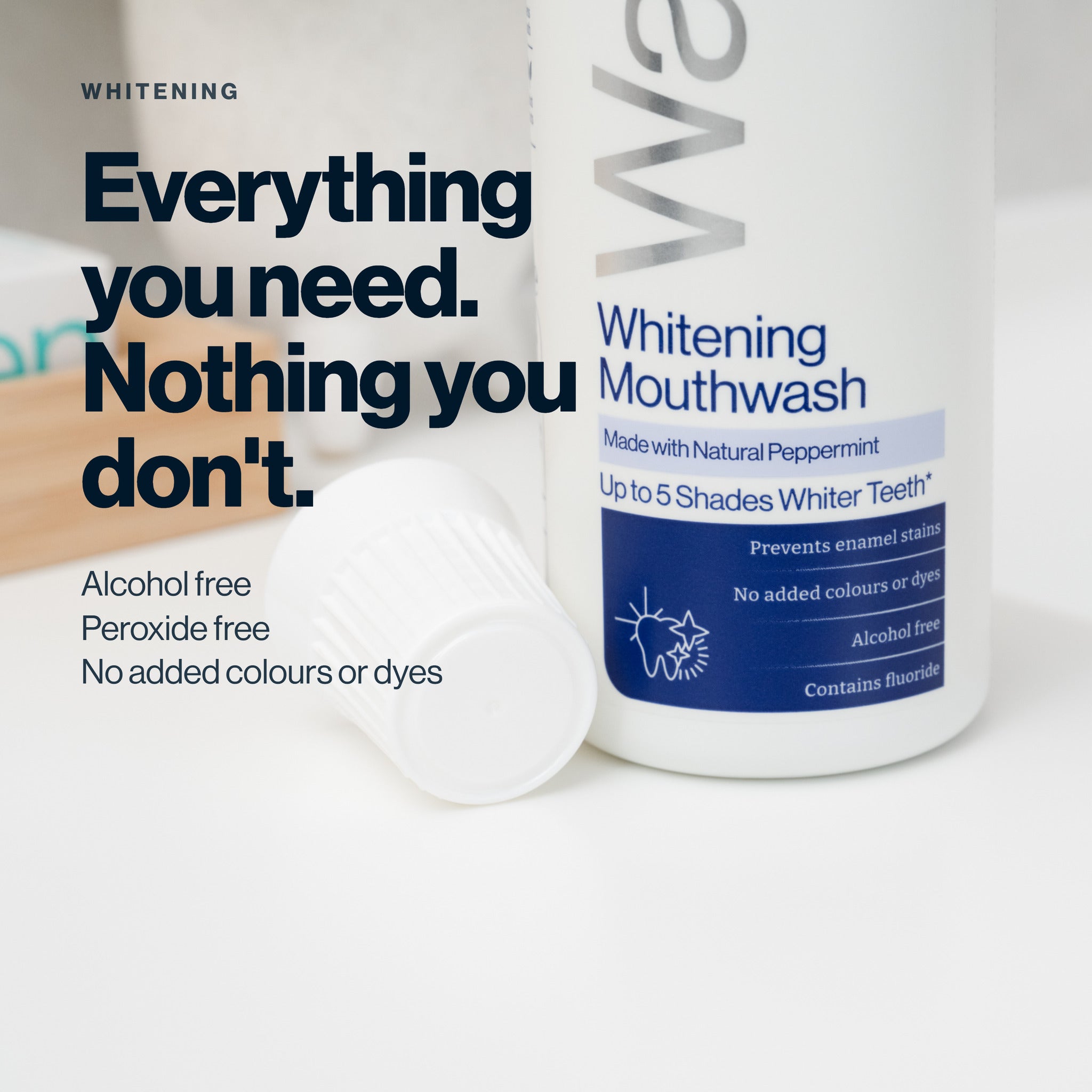 Waken Whitening Mouthwash is alcohol free, peroxide free and has no added colours or dyes