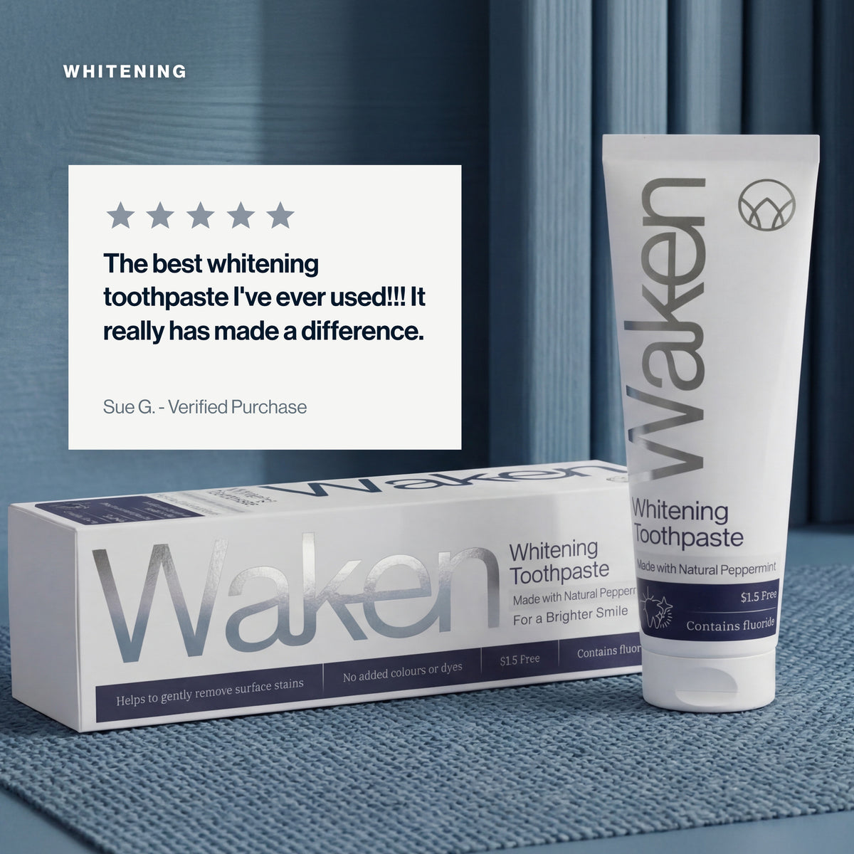 Five star customer review of Waken Whitening Toothpaste: the best whitening toothpaste I have ever used